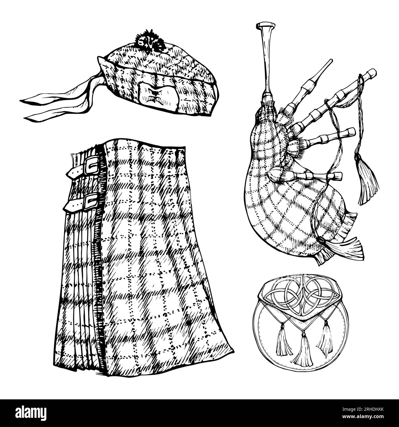 Esquisse vectorielle dessinée à la main à l'encre d'objets isolés. Symboles écossais, kilt tartan, chapeau de béret écossais, poche de sporran, cornemuse. Design pour le tourisme Illustration de Vecteur