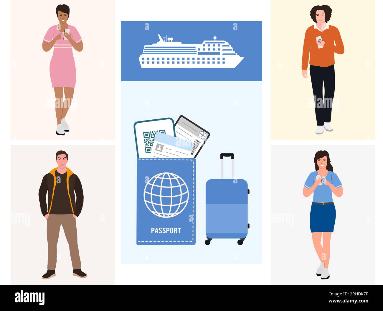Touristes croisière bateau vacances été croisière Mer Voyage concept. Homme Femme aventure Tourisme bagages Passeport transport concept. Nous Illustration de Vecteur