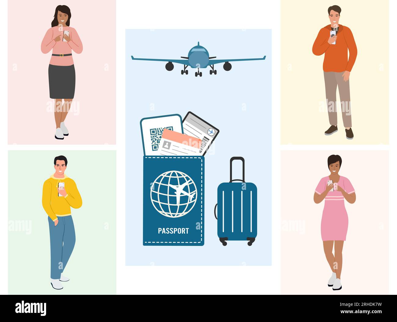 Touristes vacances d'été Homme Femme aventure Tourisme avion bagages billet d'avion Passeport transport concept. Illustration du vecteur de voyage du week-end Illustration de Vecteur