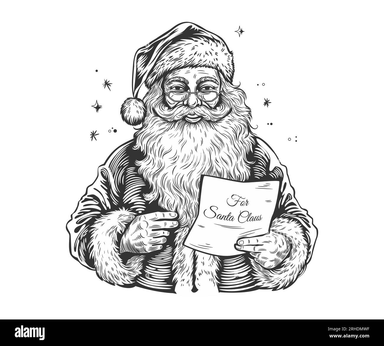Mignon Père Noël lisant une lettre de Noël.Vector illustration noir et blanc dans le style d'esquisse isolé sur fond blanc. Livre de coloriage, design plat Illustration de Vecteur