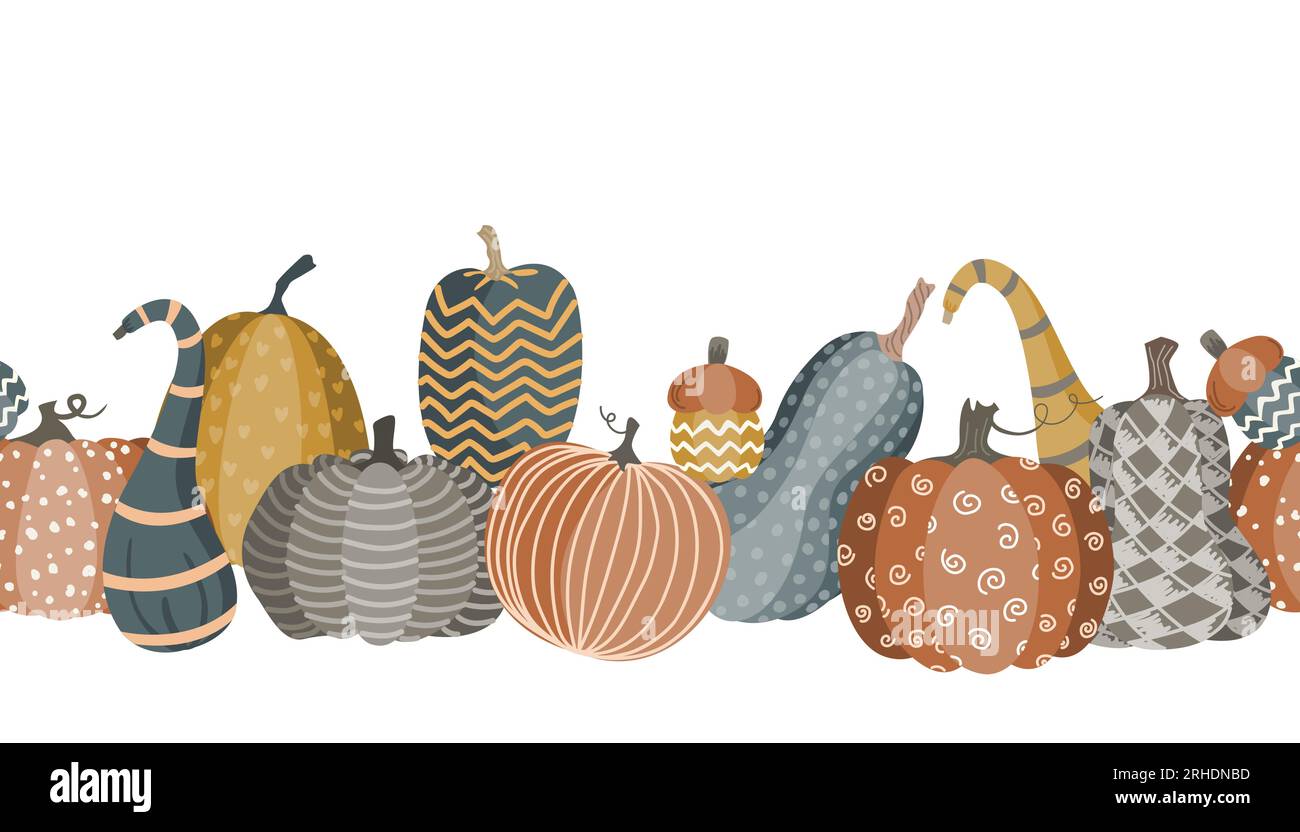 Mignon doodle citrouilles récoltent un motif sans couture. Halloween ou Thanksgiving jour de bordure arrière-plan. Illustration vectorielle. Illustration de Vecteur