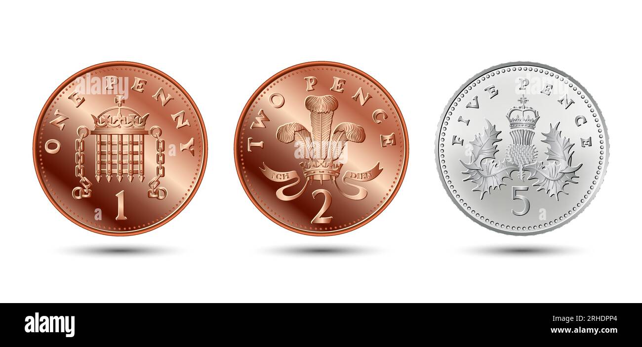 Vector Set pièce britannique un, deux, cinq pence. Illustration de Vecteur