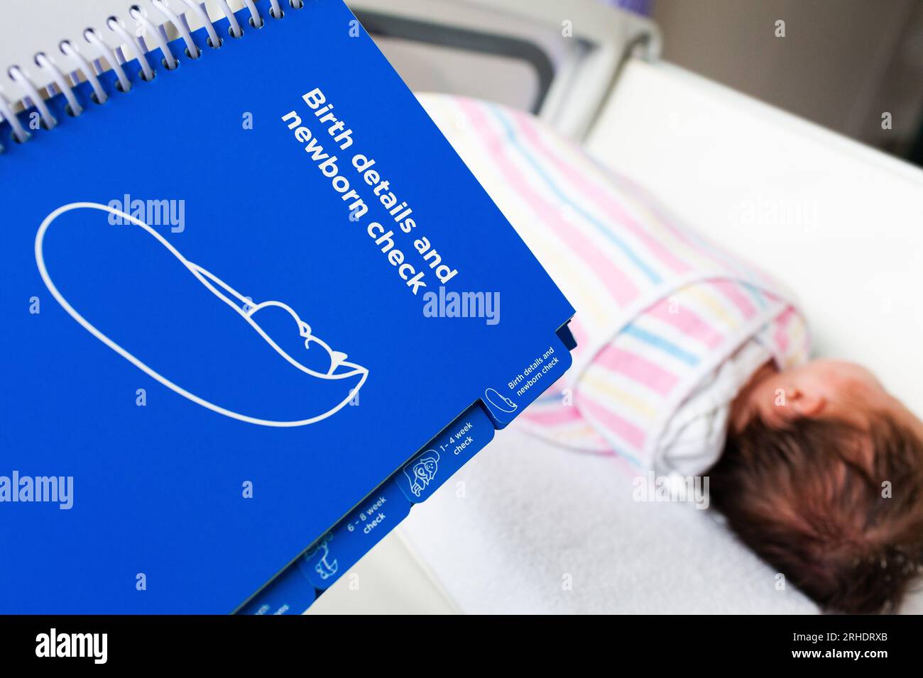 Livre bleu bébé australien avec les détails de naissance et le contrôle du nouveau-né et d'autres informations médicales données aux nouveaux parents à l'hôpital Banque D'Images
