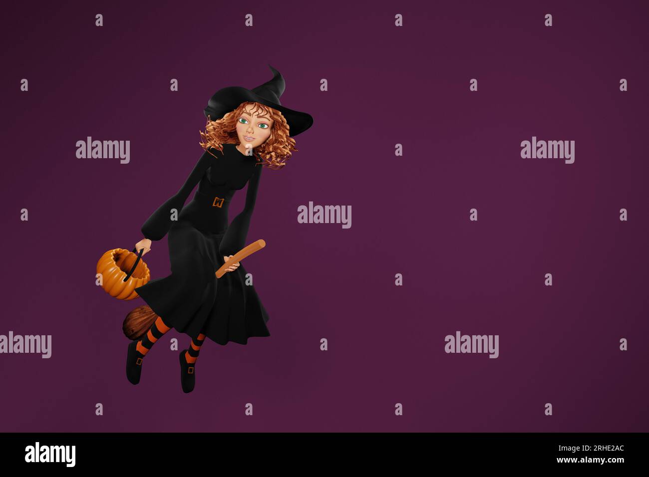 Bande dessinée Halloween sorcière volant sur balai sur fond violet. rendu 3d. Banque D'Images