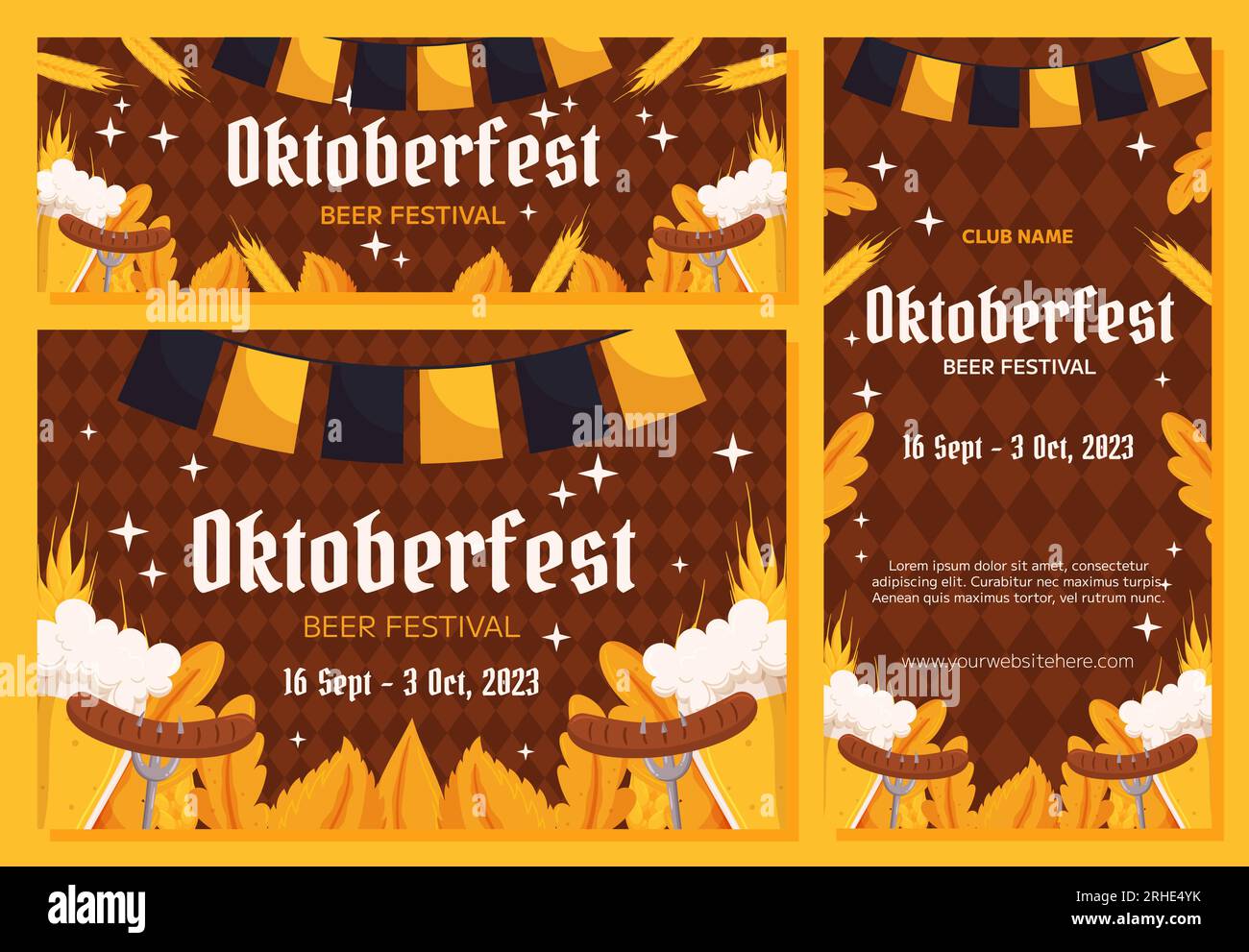 Oktoberfest fond de festival de la bière allemande, collection de bannières verticales et horizontales. Design avec verre de bière, fourchettes avec saucisse grillée, blé A. Illustration de Vecteur