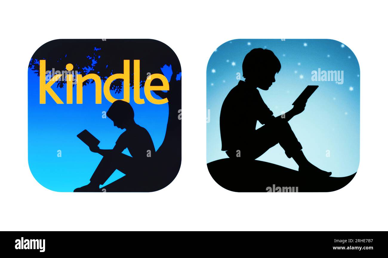 Kiev, Ukraine - 28 août 2022 : anciennes et nouvelles icônes de l'application mobile Amazon Kindle, imprimé sur papier blanc. Amazon Kindle est une série de e-readers design Banque D'Images