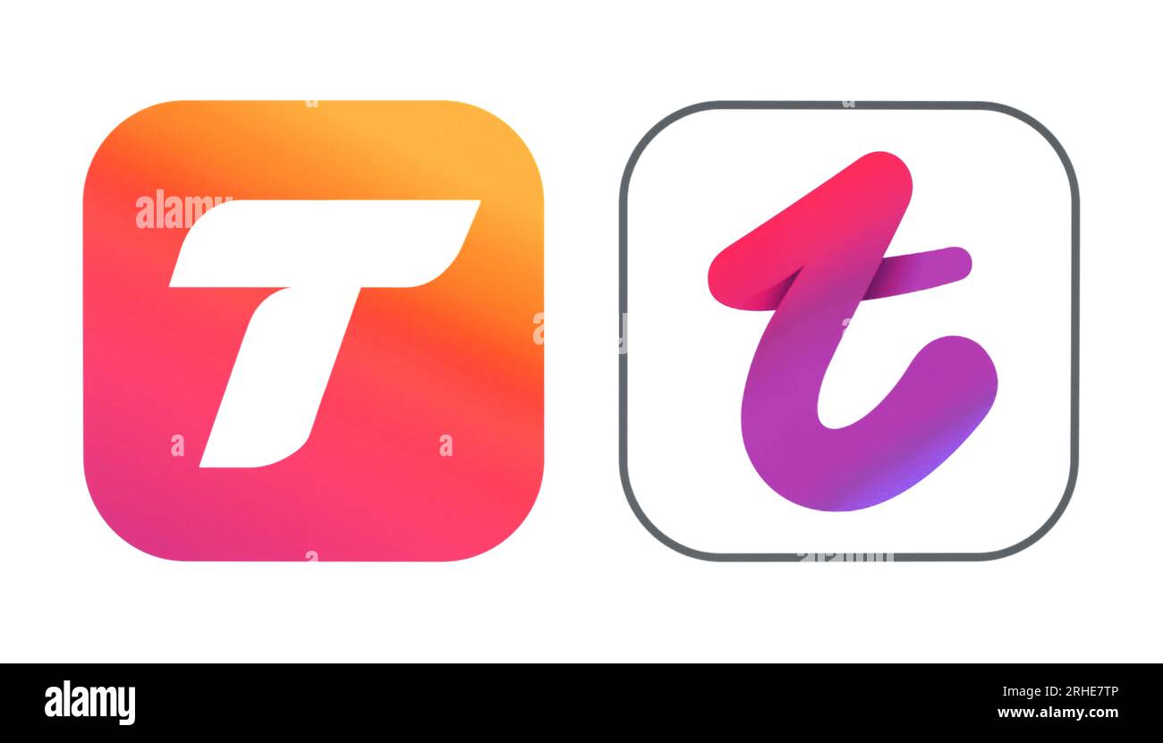 Kiev, Ukraine - 28 août 2022 : anciennes et nouvelles icônes de Tango app, imprimées sur papier. Tango est un logiciel d'application de messagerie multiplateforme tiers Banque D'Images