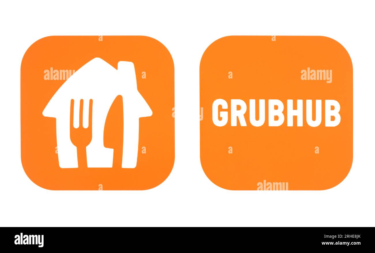 Kiev, Ukraine - 17 janvier 2023 : ensemble d'icônes populaires d'applications mobiles de livraison de nourriture, imprimées sur papier : Takeaway et GrubHub Banque D'Images