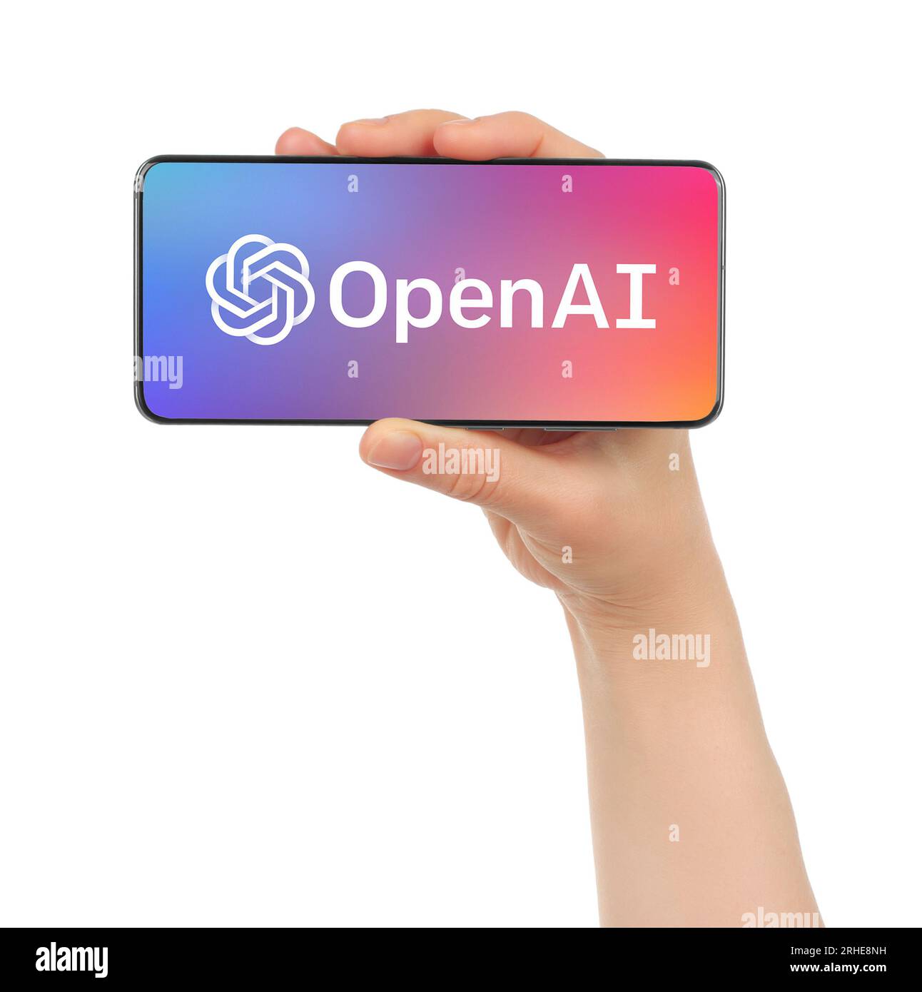 Kiev, Ukraine - 08 mars 2023 : logo OpenAI sur l'écran du téléphone en main. OpenAI est une organisation de recherche en intelligence artificielle à but non lucratif qui vise à Banque D'Images