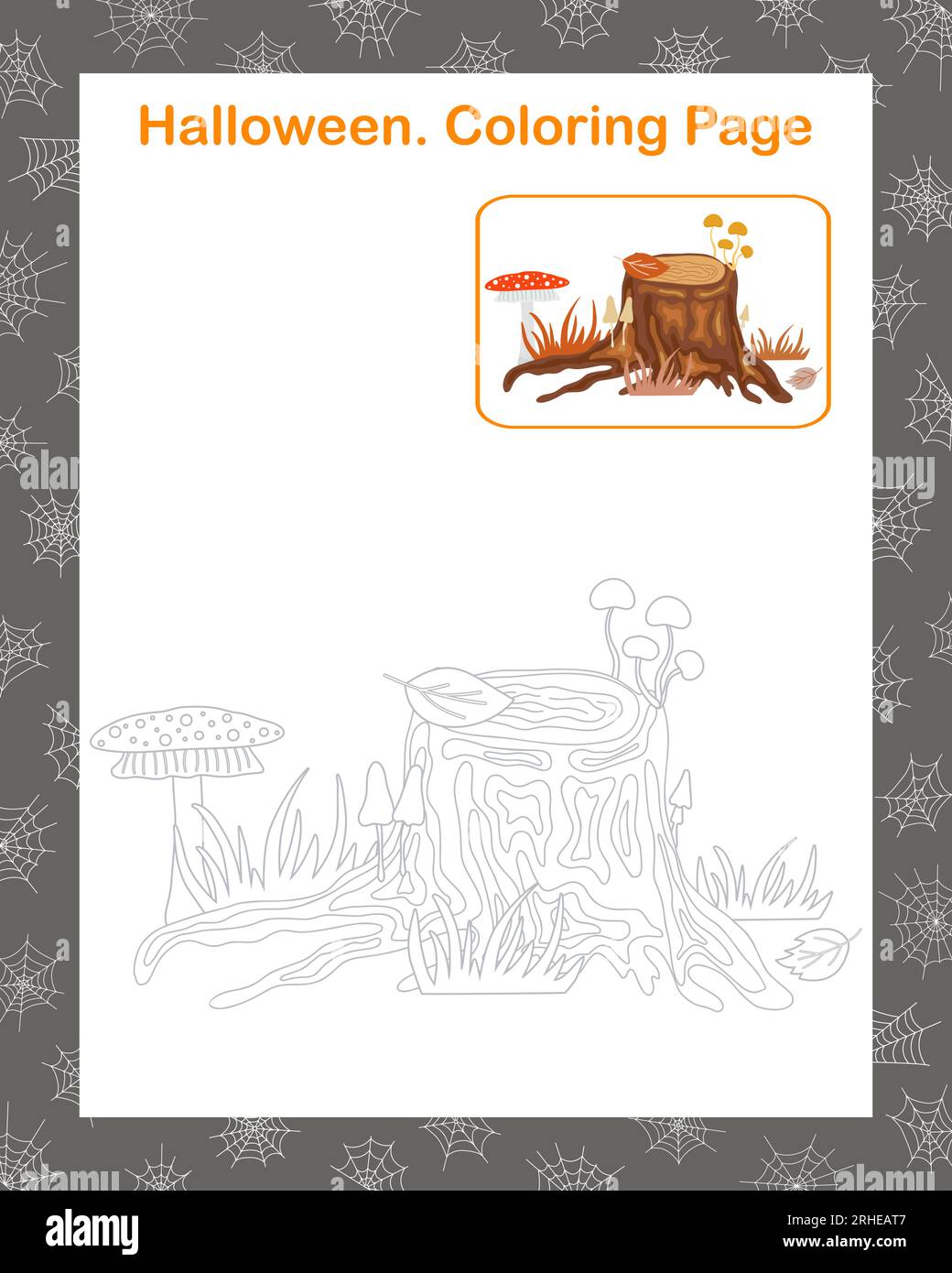 Scène d'automne avec la vieille souche d'arbre de forêt, champignons, tabouret de toadstool, herbe sèche, feuille de contour page à colorier avec illustration vectorielle d'image échantillon, automne, activité de loisirs de vacances d'Halloween, feuille de travail Illustration de Vecteur