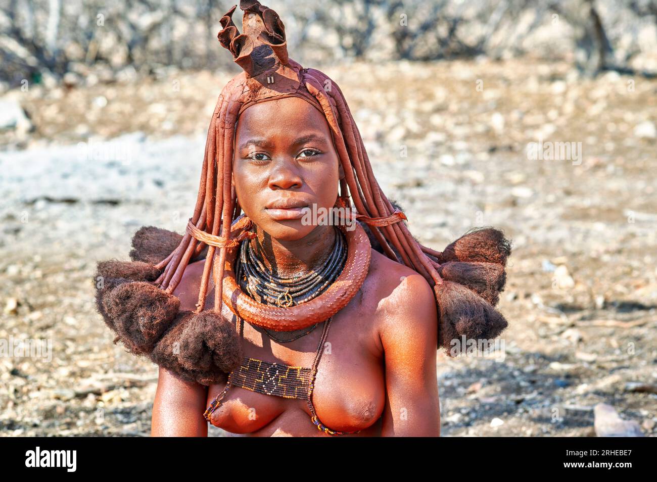 Namibie. La vie dans un village Himba. Région de Kunene. La coiffure traditionnelle d'une femme Banque D'Images
