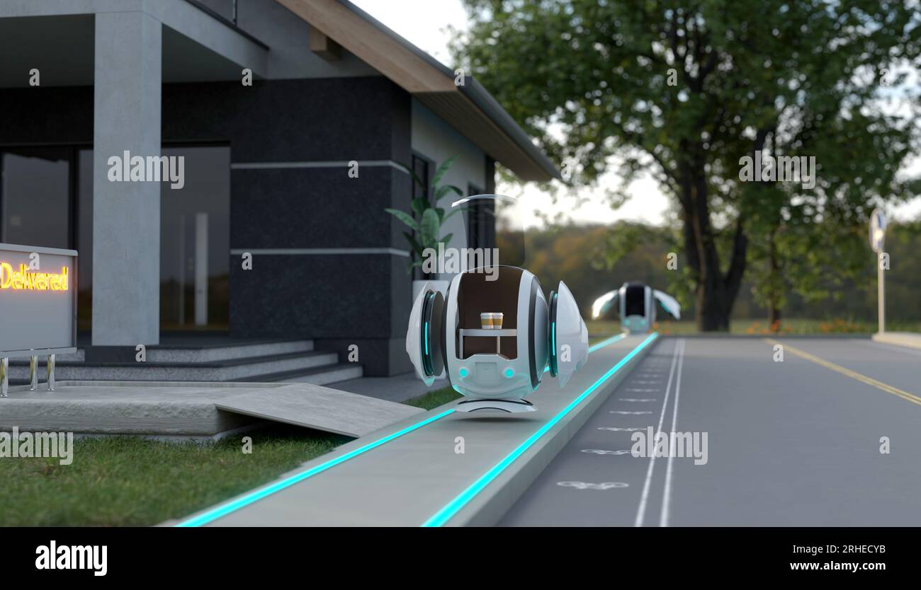 Robot de livraison de lévitation magnétique blanc, livraison de nourriture à télécommande en ville, rendu d'illustrations 3D. Banque D'Images