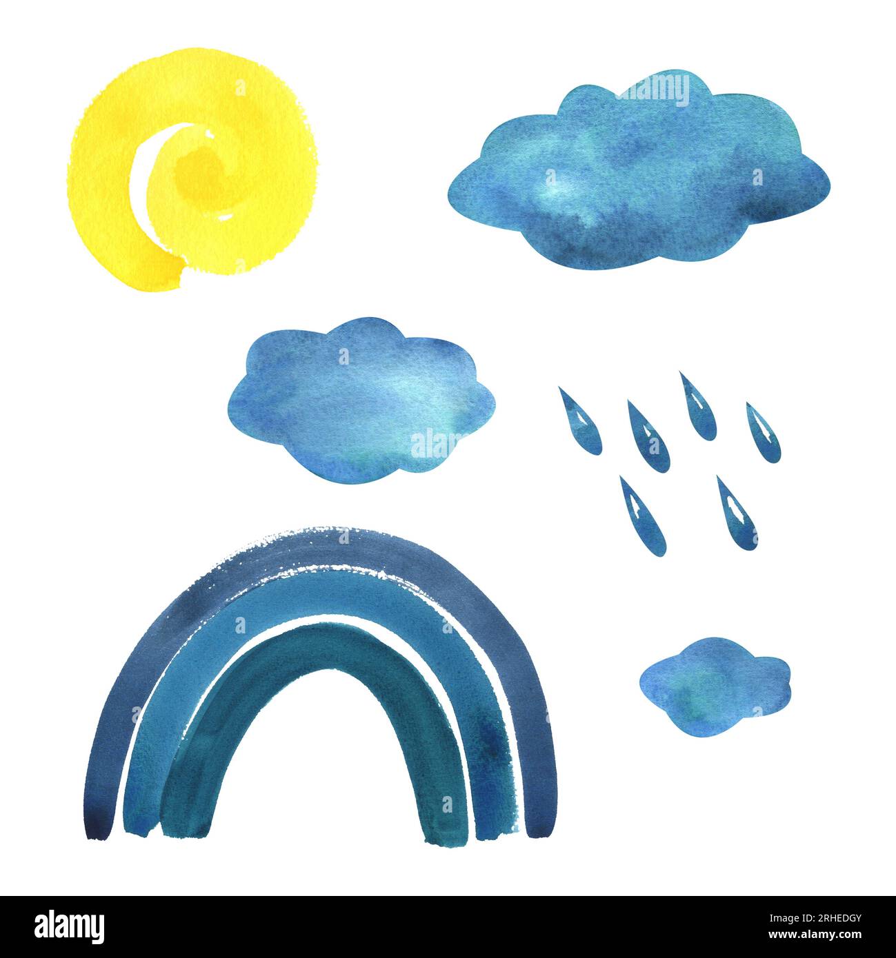 Bleu, arc-en-ciel turquoise, nuages avec gouttes de pluie et soleil spirale jaune. Illustration d'aquarelle dessinée à la main dans le style des enfants pour les affiches, les cartes Banque D'Images