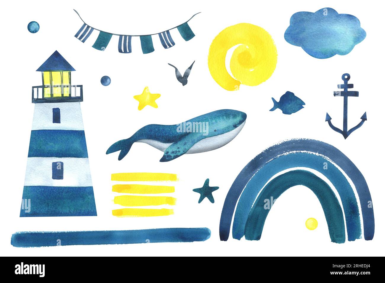 Ensemble nautique avec phare, baleine, arc-en-ciel et soleil dans les couleurs bleu, turquoise, jaune. Illustration aquarelle dessinée à la main dans le style des enfants Banque D'Images