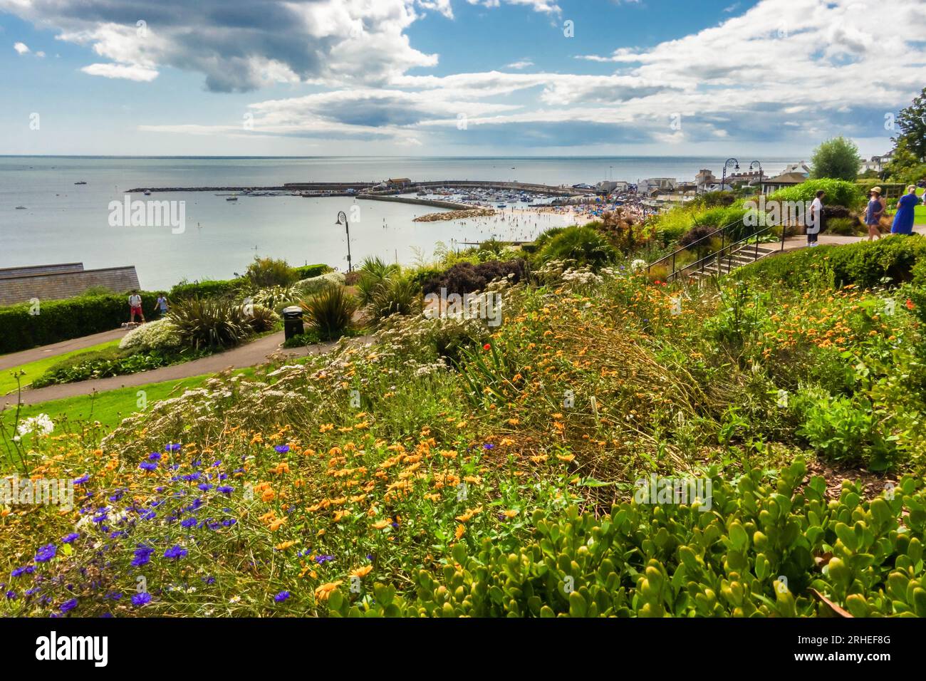 Vue depuis Langmoor et Lister Gardens sur la plage et le port, Lyme Regis Dorset UK. Août 2023. Banque D'Images