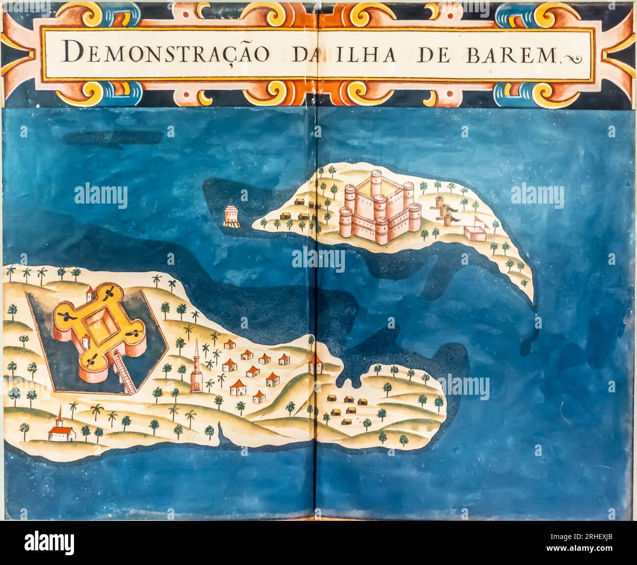 Muharraq 1635, montre Arad et Manama fort sur les églises et maisons du Bahreïn continental. Cartes de Bahreïn Banque D'Images