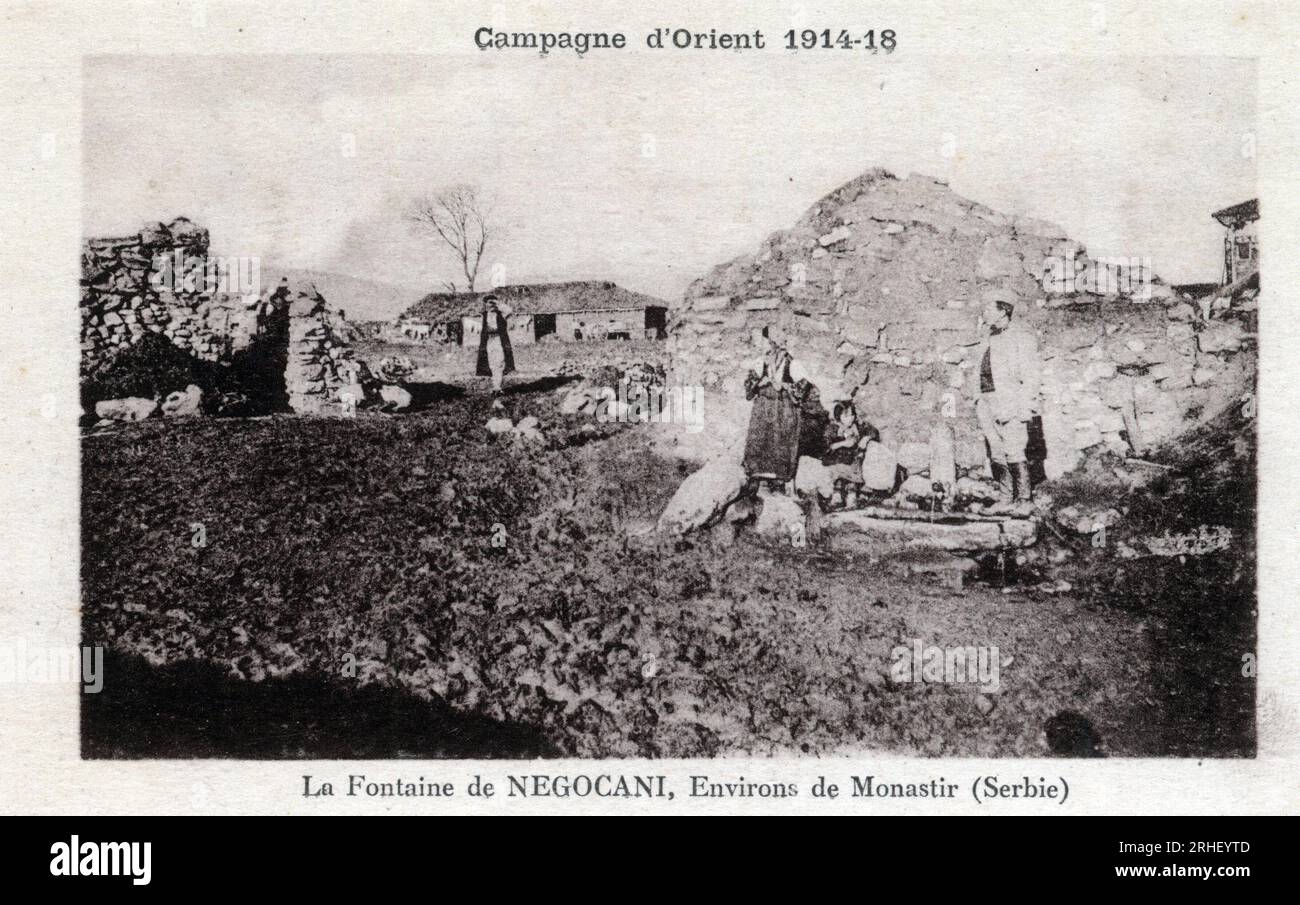 Premiere guerre mondiale (1914-1918) - campagne d'Orient : la fontaine de Negocani en Serbie - carte postale Banque D'Images