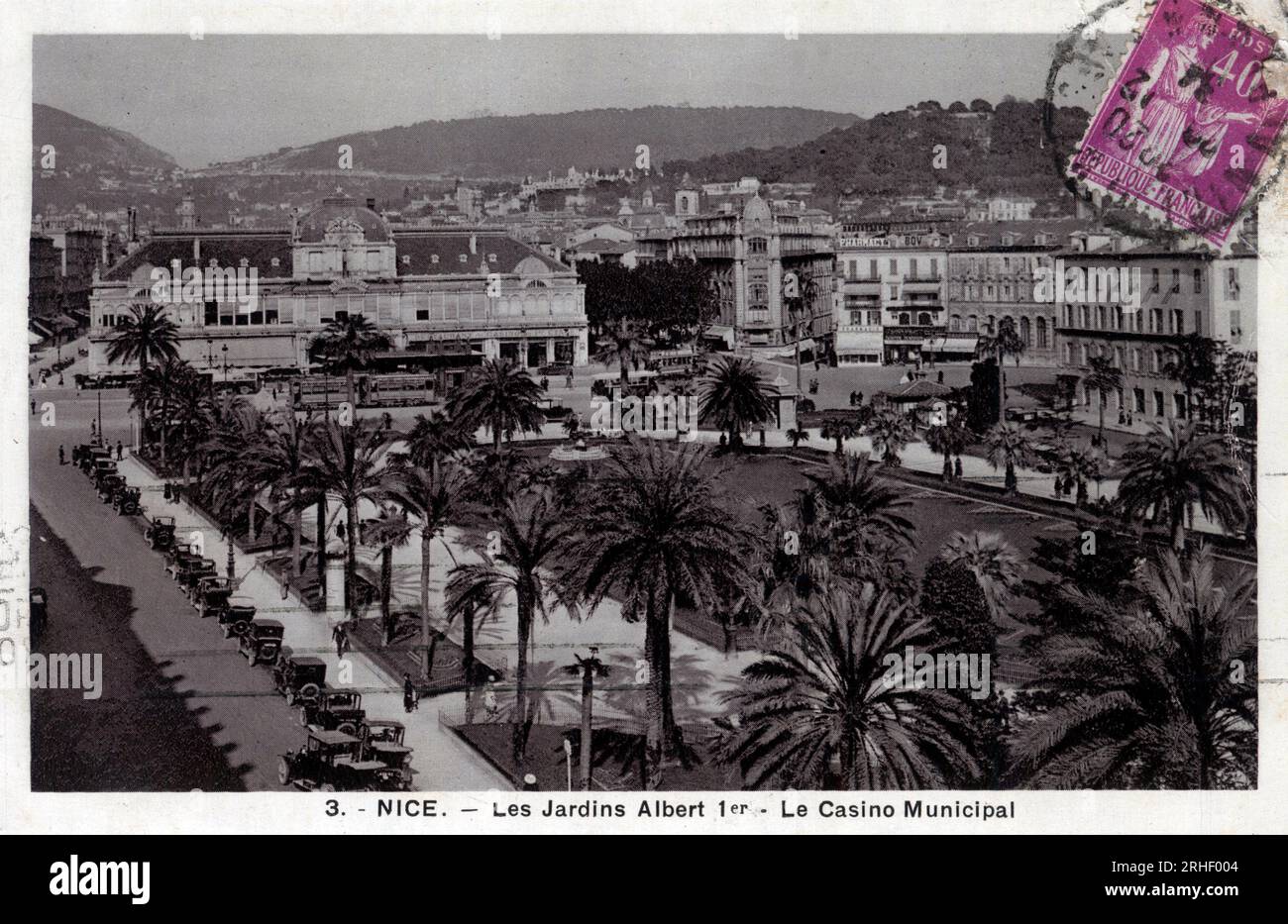 Provence Alpes Cote d'Azur, Alpes Maritimes (06), Nice : vue des jardins Albert Ier et du Casino municipal place Massena - carte postale datee 1935 Banque D'Images