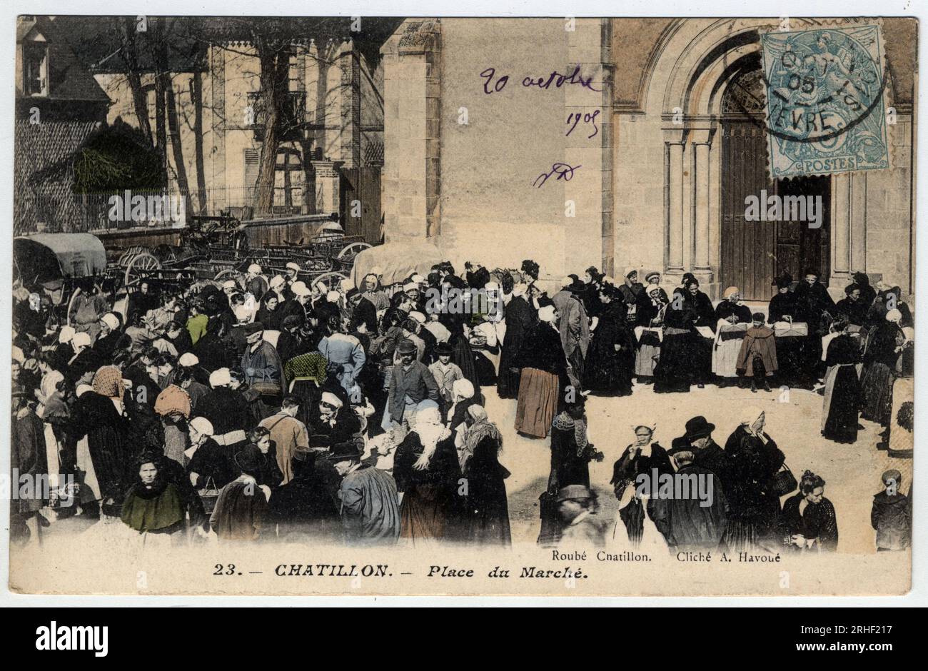 Ile de France, hauts de Seine (92), Châtillon : place du Marche - carte postale date 1905 Banque D'Images