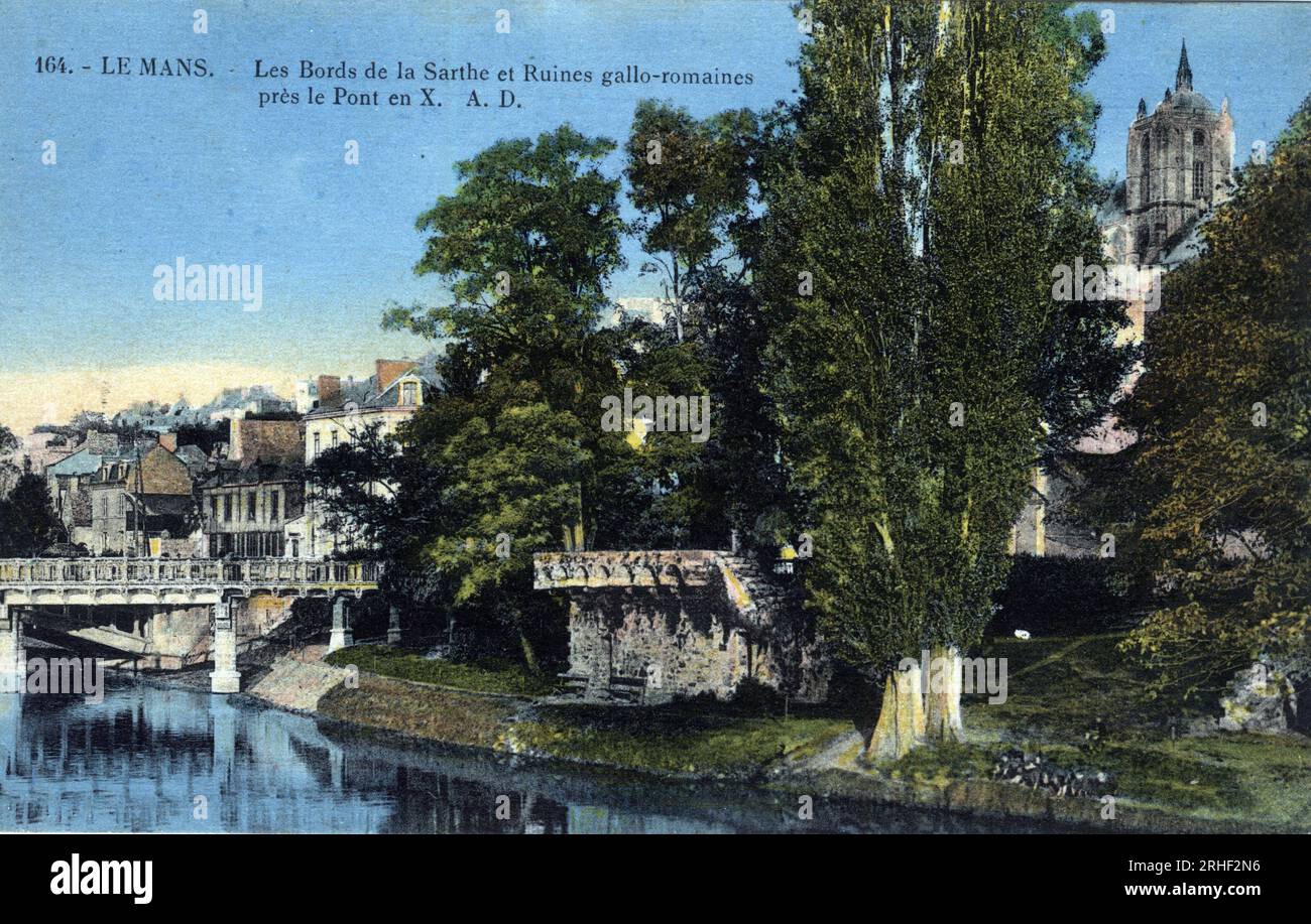 Pays de la Loire, Sarthe (72), le Mans : les bords de la Sarthe et les ruines gallo romaines pres du 'pont en X' - carte postale fin 19e-20e siecle Banque D'Images