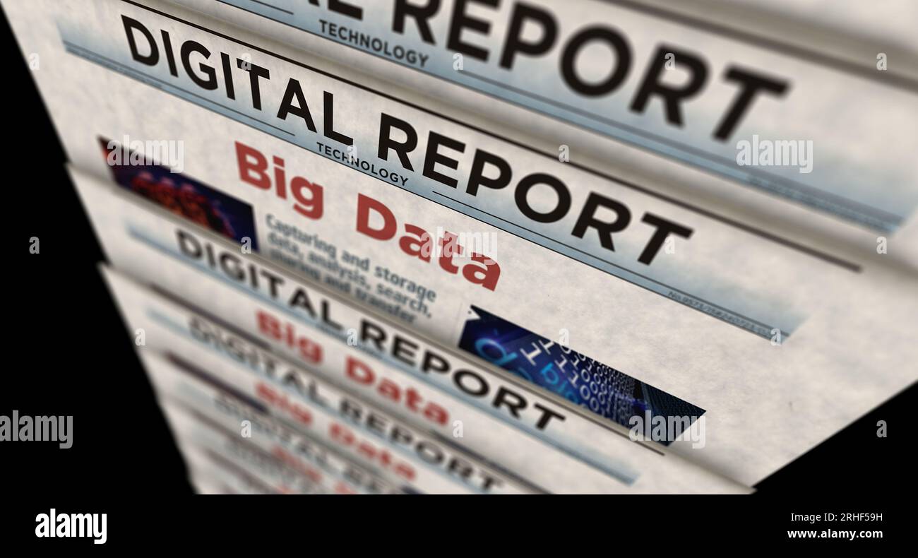 Big data machine learning et technologie d'analyse numérique nouvelles vintage et impression de journaux. Concept abstrait rétro titres illustration 3D. Banque D'Images