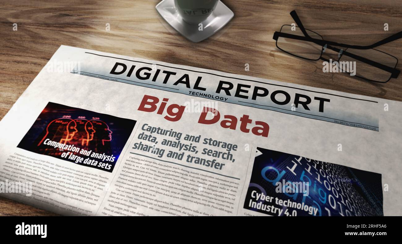 Big data machine learning et technologie d'analyse numérique quotidien sur table. Headlines News concept abstrait illustration 3D. Banque D'Images