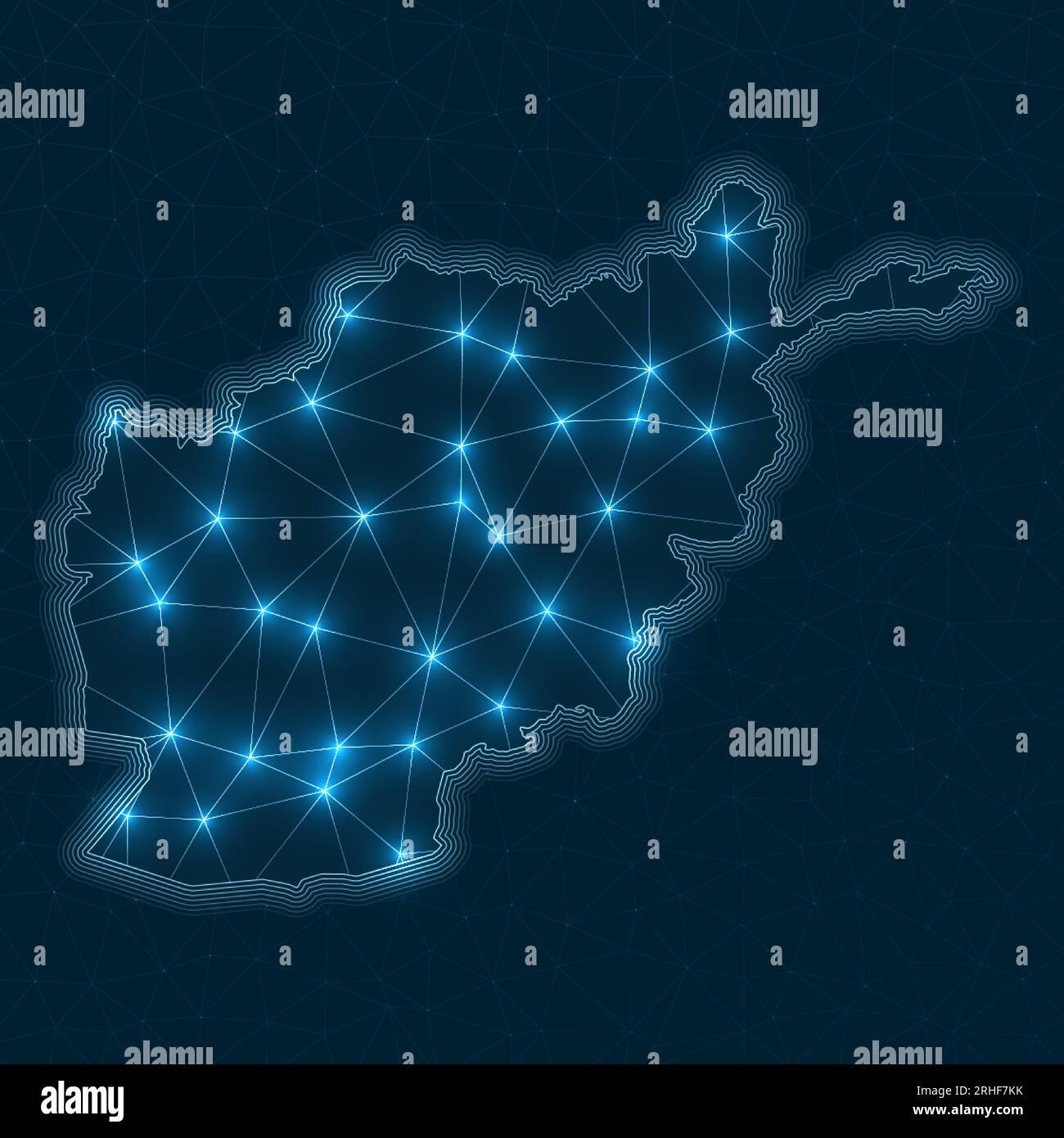 Carte du réseau de l'Afghanistan. Carte géométrique abstraite du pays. Connexions numériques et conception de télécommunications. Réseau Internet brillant. Illustration de Vecteur