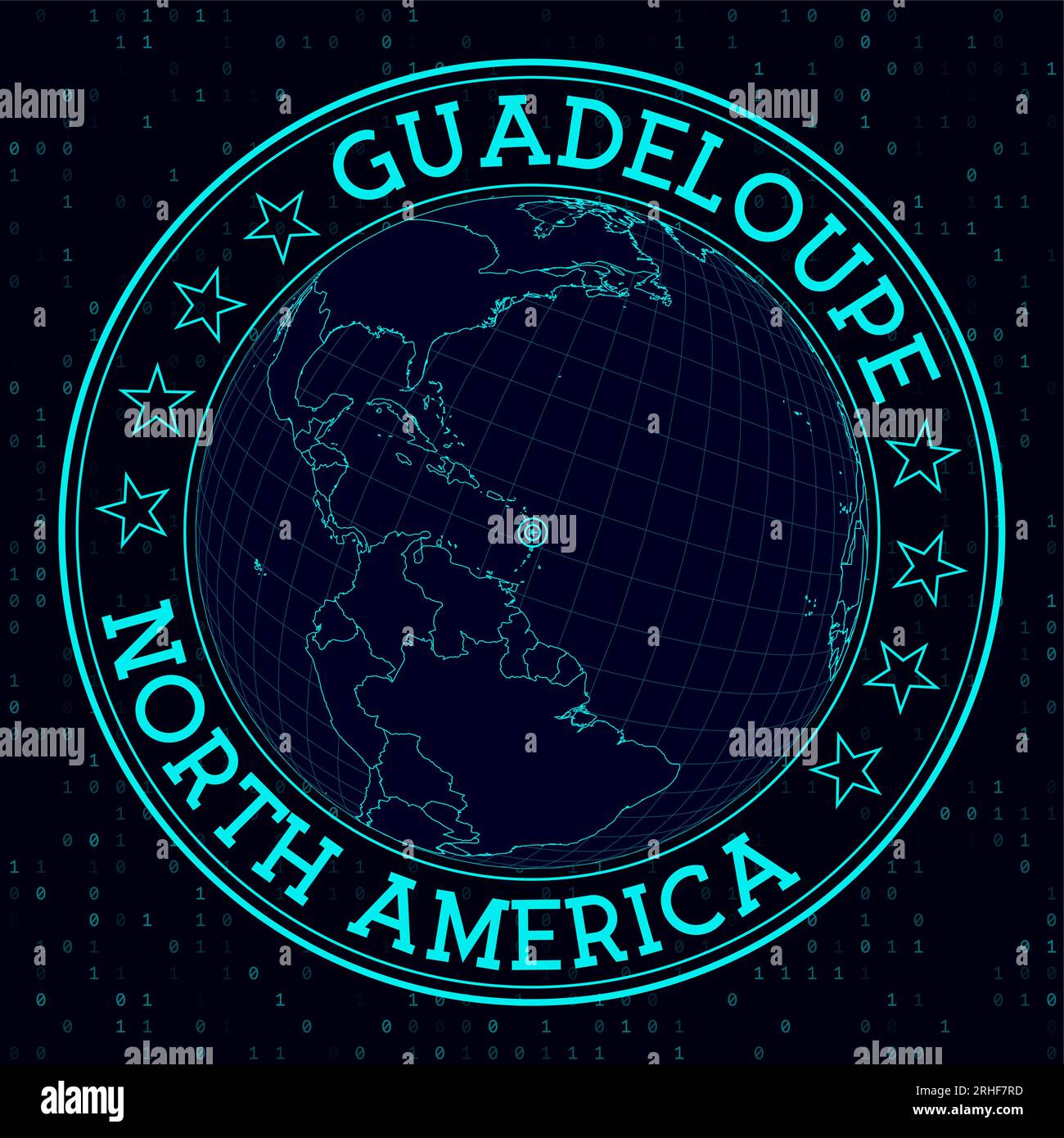 Panneau rond GUADELOUPE. Vue satellite futuriste du monde centrée sur la GUADELOUPE. Badge géographique avec carte, texte rond et fond binaire. Illustration de Vecteur