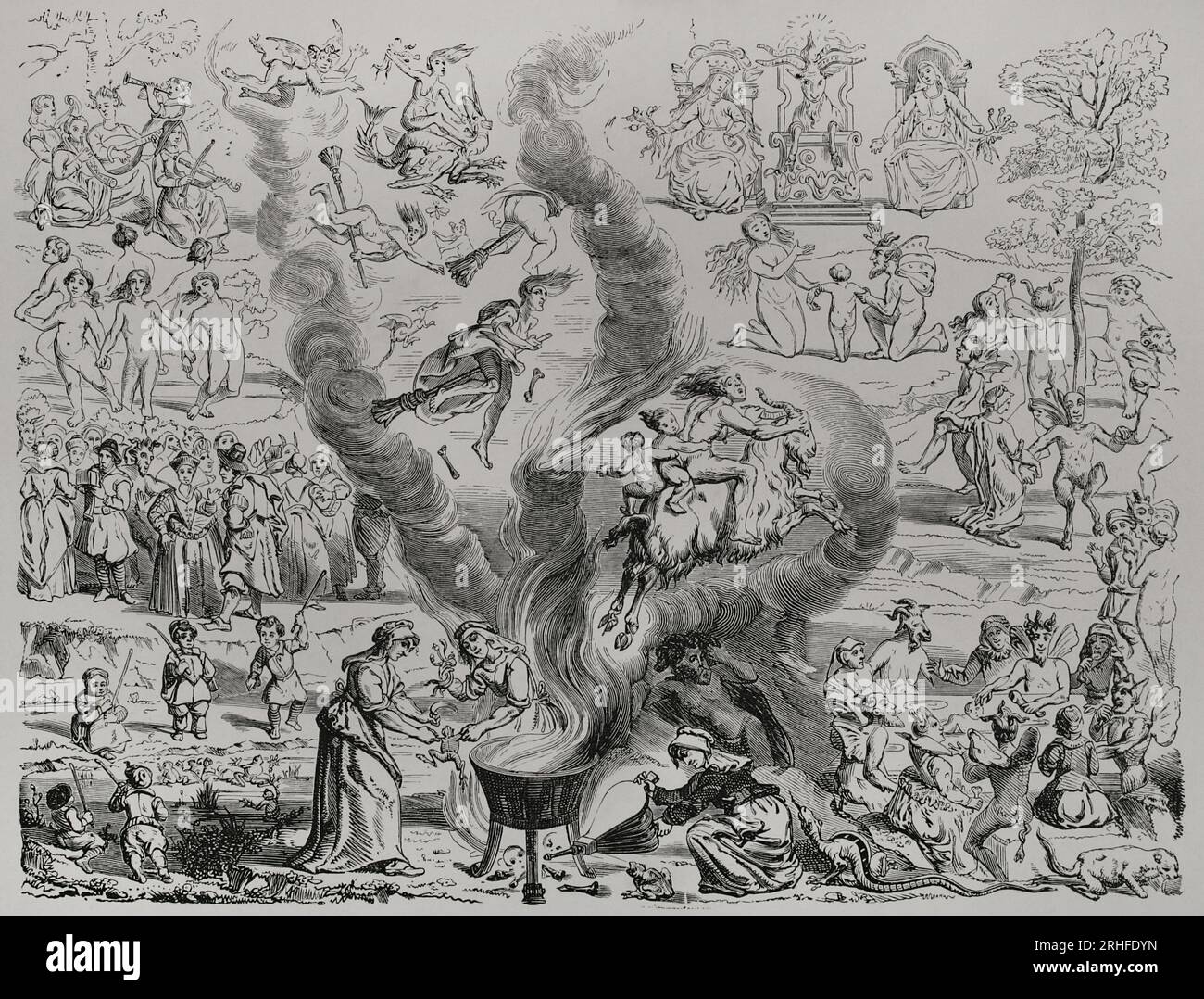 Sabbat des sorcières tel que rapporté dans un jugement rendu par la cour d'Arras en 1460. Les sorcières montent sur les balais et les chèvres, dansent avec les faunes, tiennent des serpents, jouent de la musique et font bouillir des grenouilles et des serpents dans un chaudron. Gravure d'après une illustration du 16e siècle. Gravure sur bois par Etienne Huyot et Jules Huyot. 'La vie militaire et religieuse au Moyen Age et à l'époque de la Renaissance', Paris, 1877. Banque D'Images