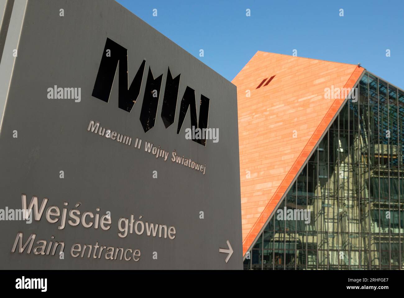 Musée de la seconde Guerre mondiale Gdansk ou panneau d'information Musée de la seconde Guerre mondiale à Gdansk, Pologne, Europe, UE à partir de 2023 Banque D'Images