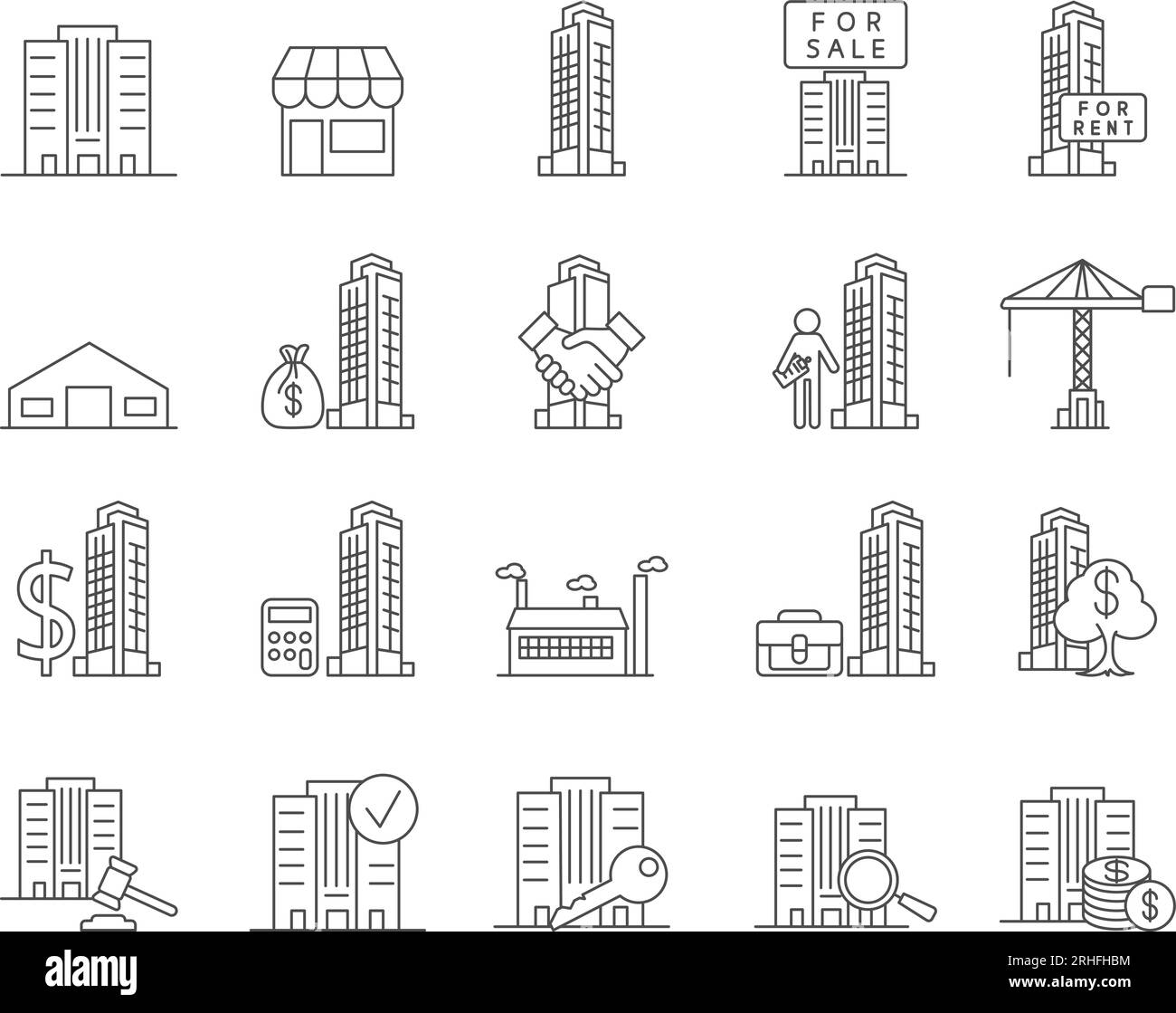 Jeu d'icônes immobilières commerciales. Bureau, bâtiment, propriété. Contour modifiable. Collection vectorielle d'icônes simples Illustration de Vecteur