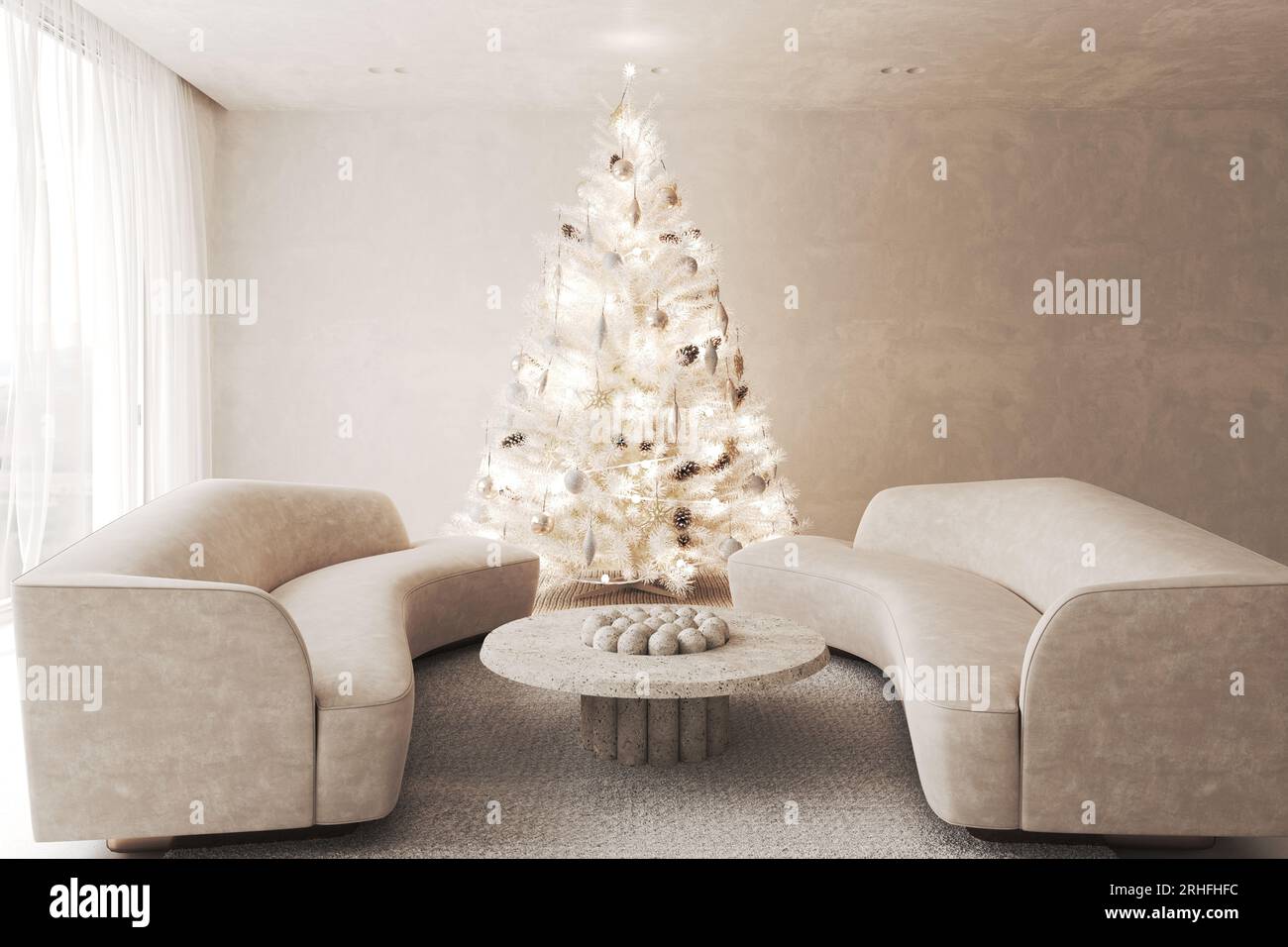 Salon contemporain classique blanc beige avec canapé et décor - fond de moquette. Grand arbre de Noël japonais moderne et vue sur la nature. 3d Banque D'Images