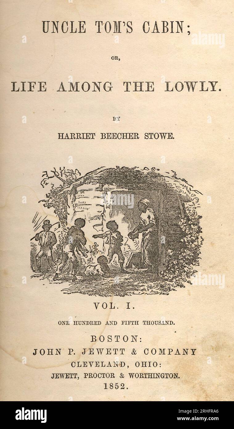 Roman de CABINE D'ONCLE TOM 1852 par Harriet Beecher Stowe. Page de titre du volume I de la première édition. Banque D'Images