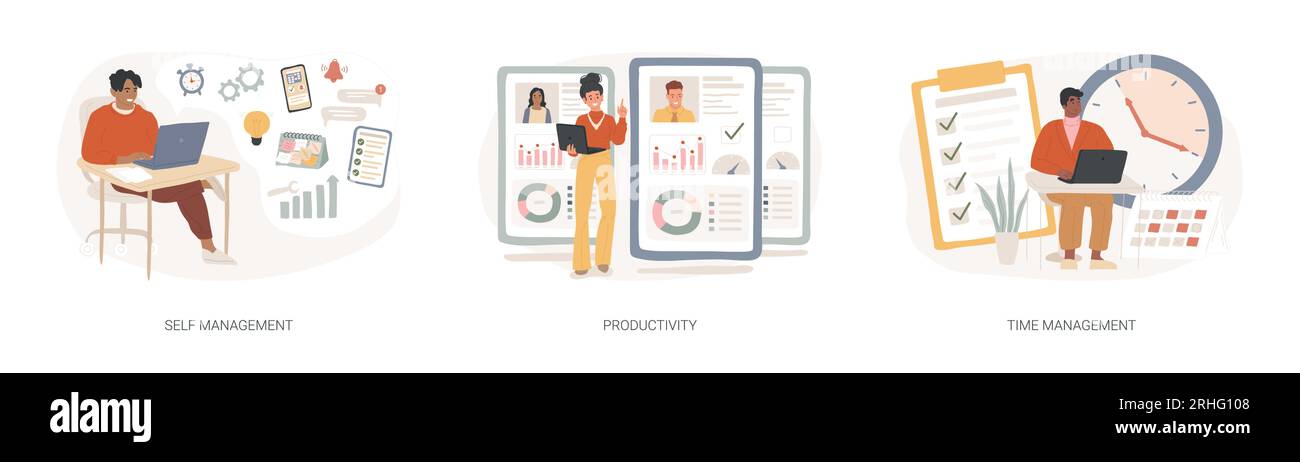 Ensemble d'illustrations vectorielles de concepts isolés pour les performances des employés et l'auto-organisation. Gestion de soi et du temps, productivité, logiciel de motivation, planification de travail efficace, concept de vecteur de contrôle. Illustration de Vecteur