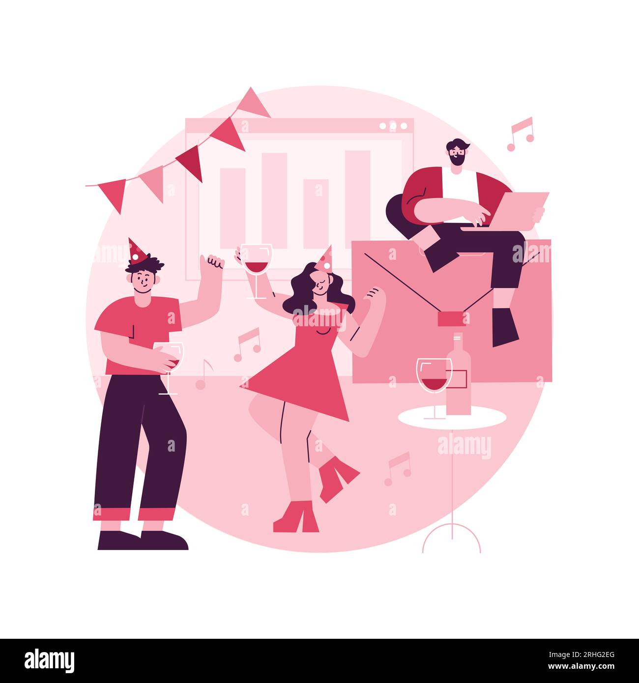 Illustration du vecteur de concept abstrait Corporate Party. Collègues se réunissent, plan de fête de bureau, activité de renforcement d'équipe, idée d'événement d'entreprise, service de divertissement, métaphore abstraite de la restauration. Illustration de Vecteur