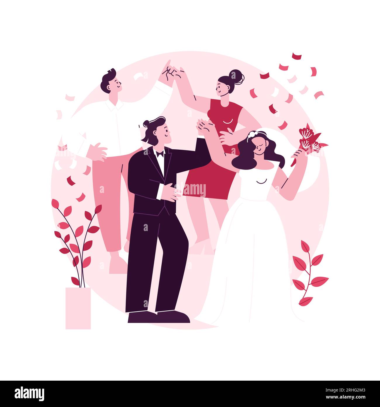 Illustration vectorielle abstraite de concept de mariage. Service de planification de mariage, idée de fête de mariage, robe de mariée et demoiselle d'honneur, décoration de lieu, design de bouquet, menu et bar métaphore abstraite. Illustration de Vecteur