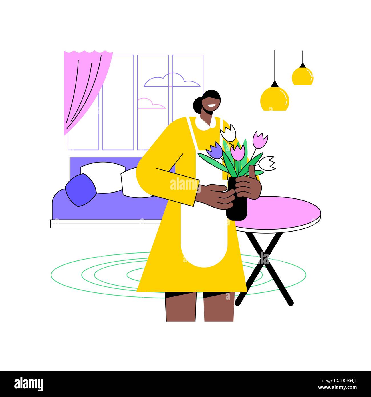 Préparation de Guesthouse illustrations vectorielles isolées de dessins animés. Bed and breakfast propriétaire préparant une chambre pour les touristes, entreprise d'hospitalité, service de voyage, dessin animé vecteur d'environnement à la maison. Illustration de Vecteur