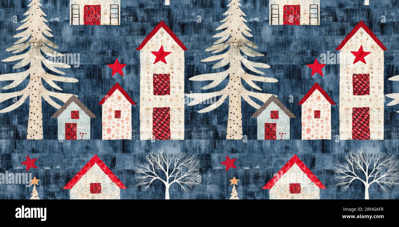 Chalet de noël rustique avec effet de tissu de couture à la main primitive. bordure. Garniture de ruban homespun chic et nostalgique douillet avec americana Banque D'Images