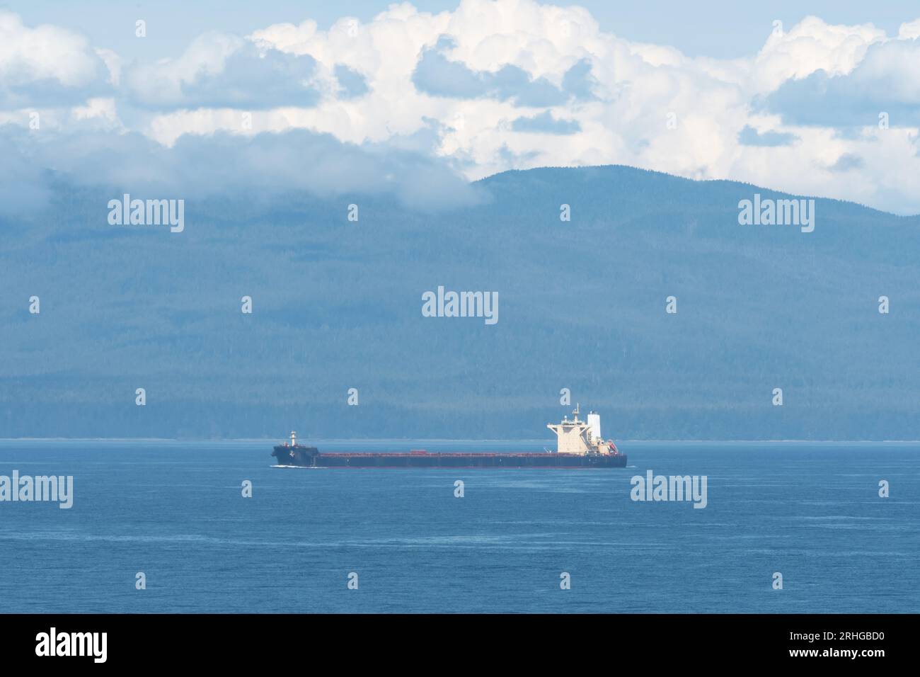 Grand cargo naviguant dans des mers calmes sur une journée nuageuse. Logistique, commerce, communications mondiales Banque D'Images