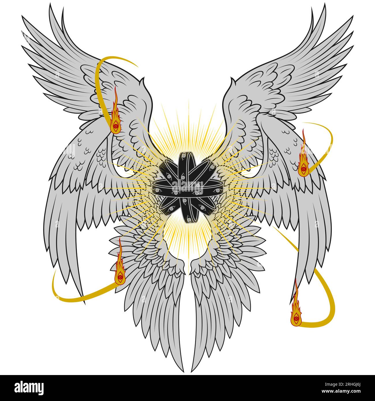 Conception vectorielle de l'ange de type trône de la théologie chrétienne. Ange biblique avec six ailes. Archange Catholique avec Halo et plumes, Trône de G ailé Illustration de Vecteur
