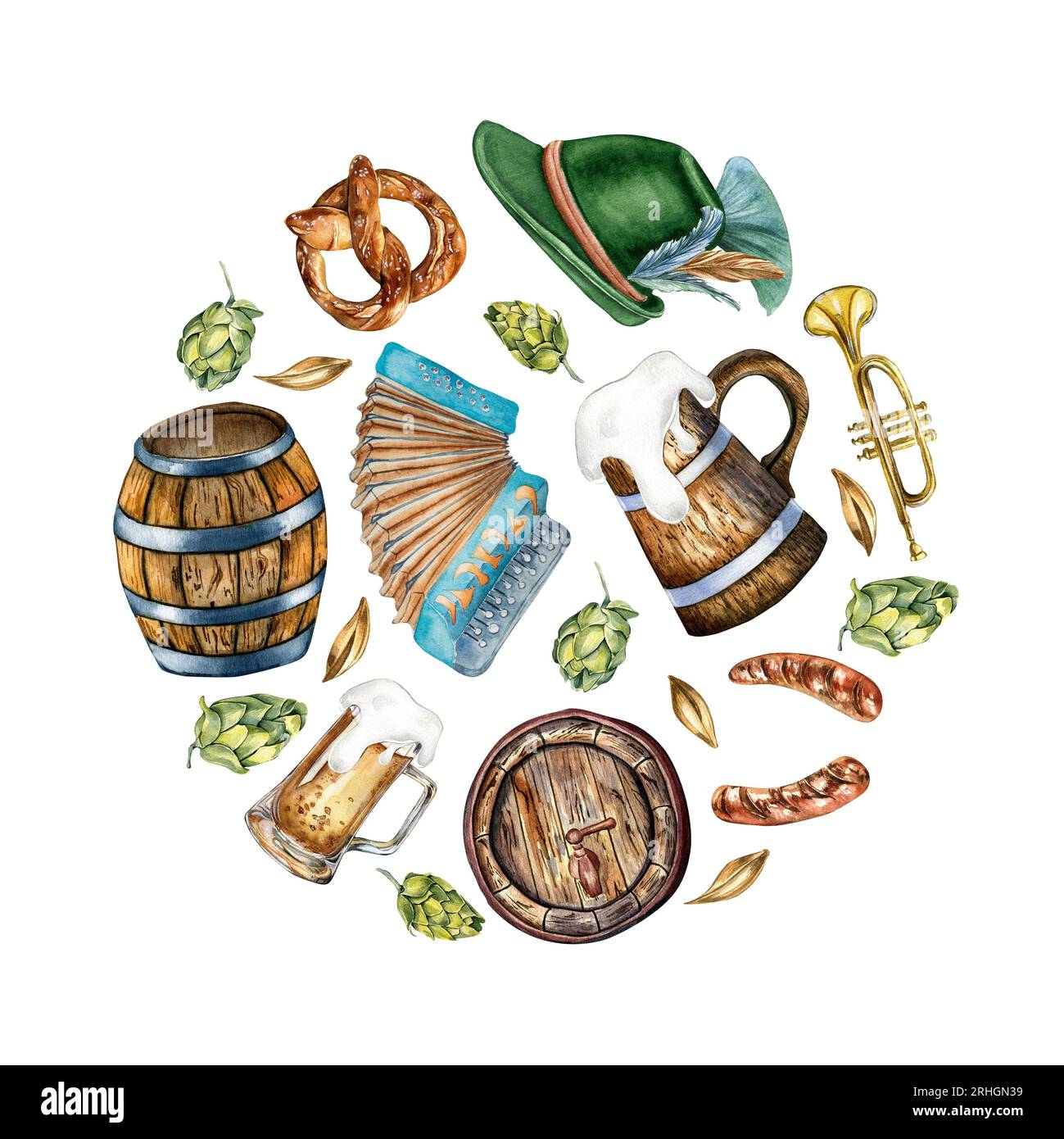 Cercle de tonneau en bois, pinte de bière, chapeau allemand, illustration aquarelle accordéon isolé sur blanc. Bretzel, trompette, bière, houblon tiré à la main Banque D'Images