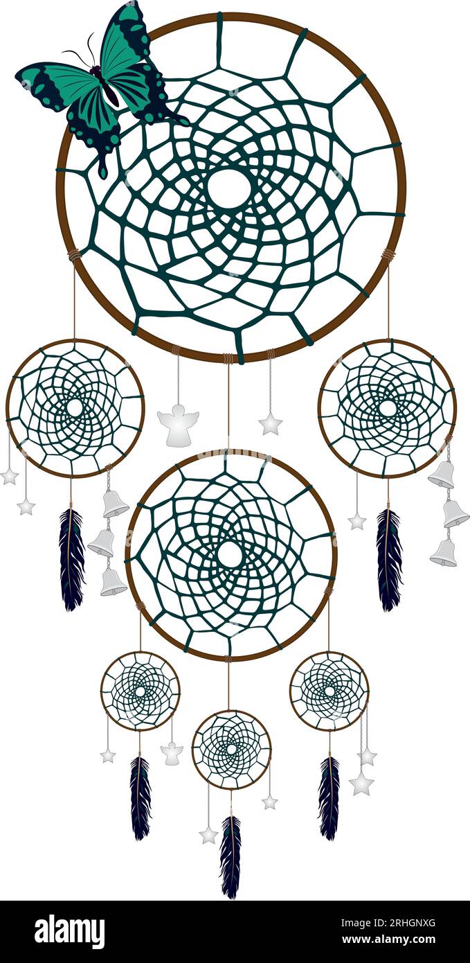 Big dreamcatcher décoré avec plumes, cloches, étoiles, anges et illustration vectorielle papillon Illustration de Vecteur
