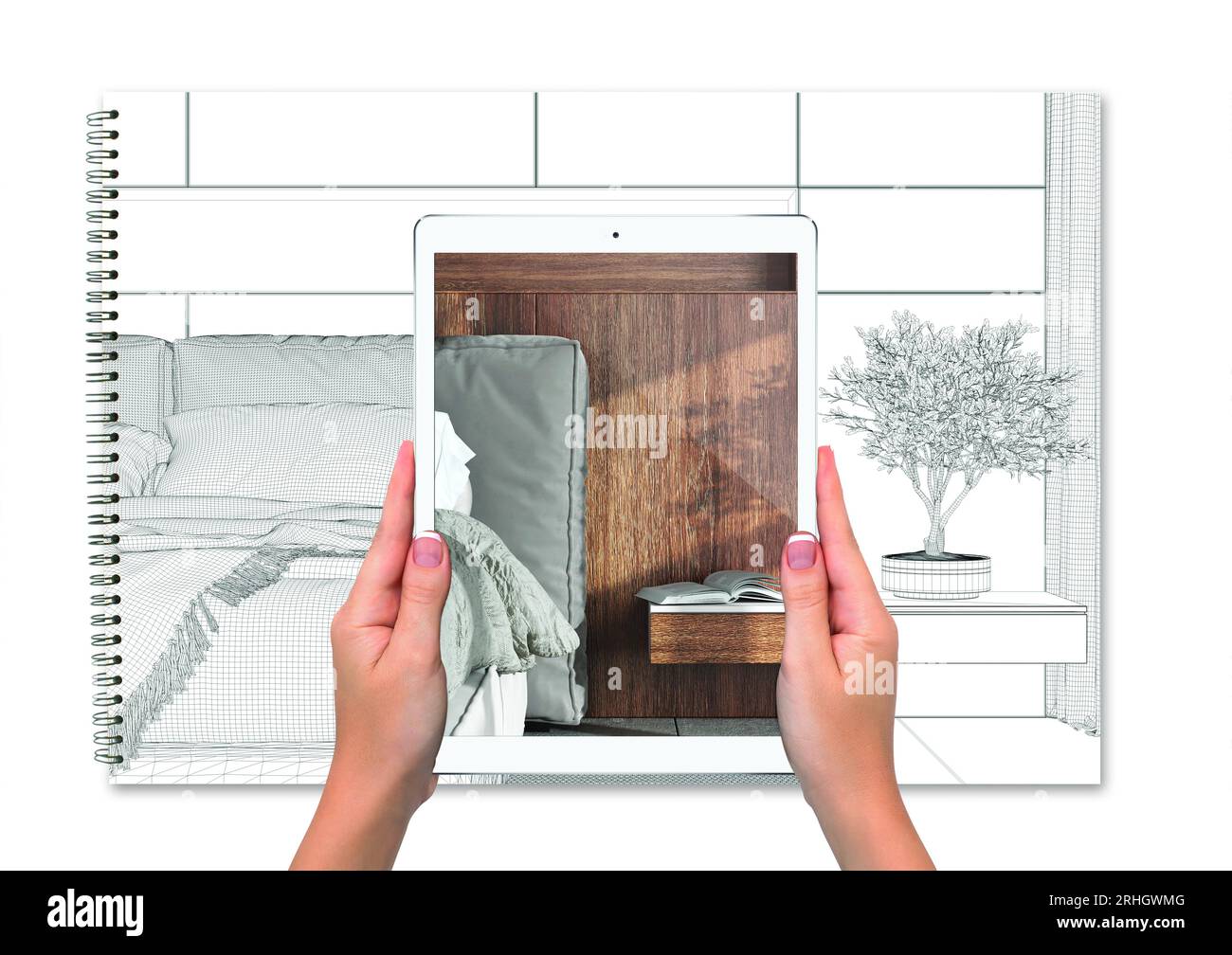 Mains tenant tablette montrant chambre en bois avec lit, fond de projet vide total, concept de réalité augmentée, application pour simuler des meubles et Banque D'Images
