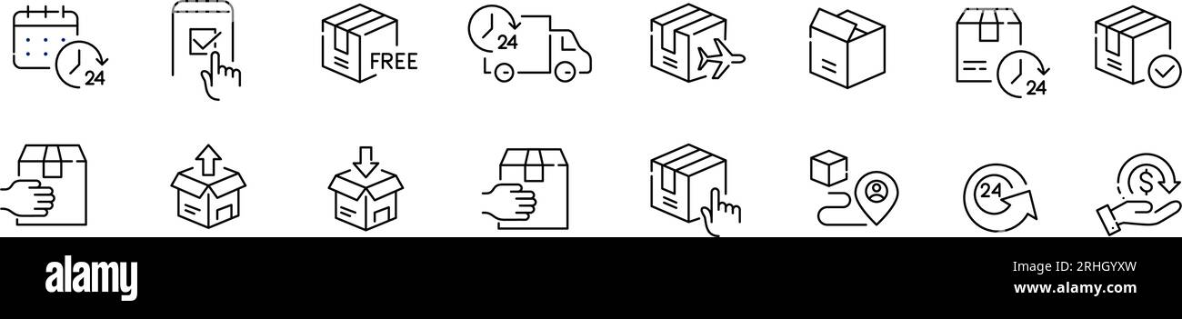 Ensemble d'icônes de livraison de colis. Service express 24 heures sur 24, retour gratuit et suivi des applications en ligne. Pixel parfait Illustration de Vecteur