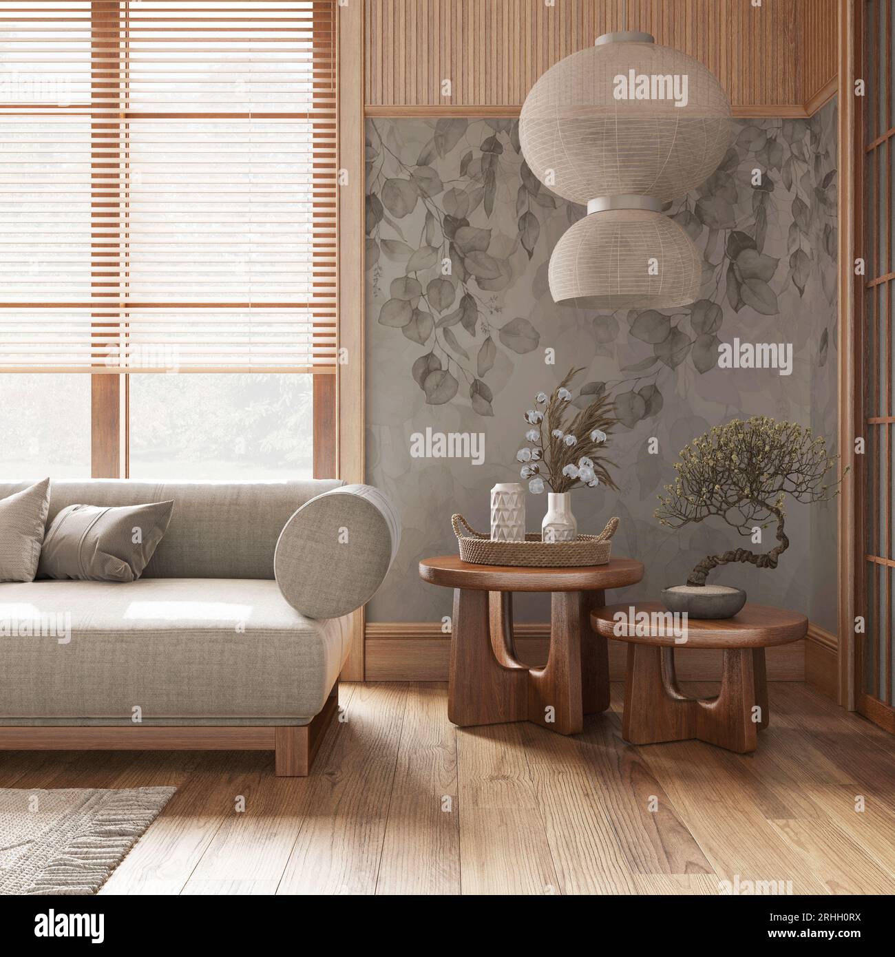 Salon japonais avec papier peint et murs en bois dans des tons blancs et  beiges. Parquet, canapé en tissu, tapis et décors. Japandi interio minimal  Photo Stock - Alamy