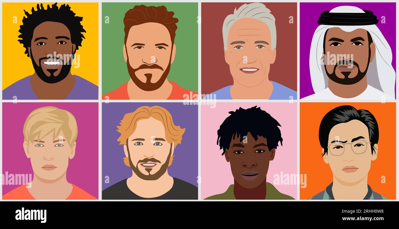 Ensemble d'avatars multiethniques multiraciaux hommes vecteur. Illustration de Vecteur