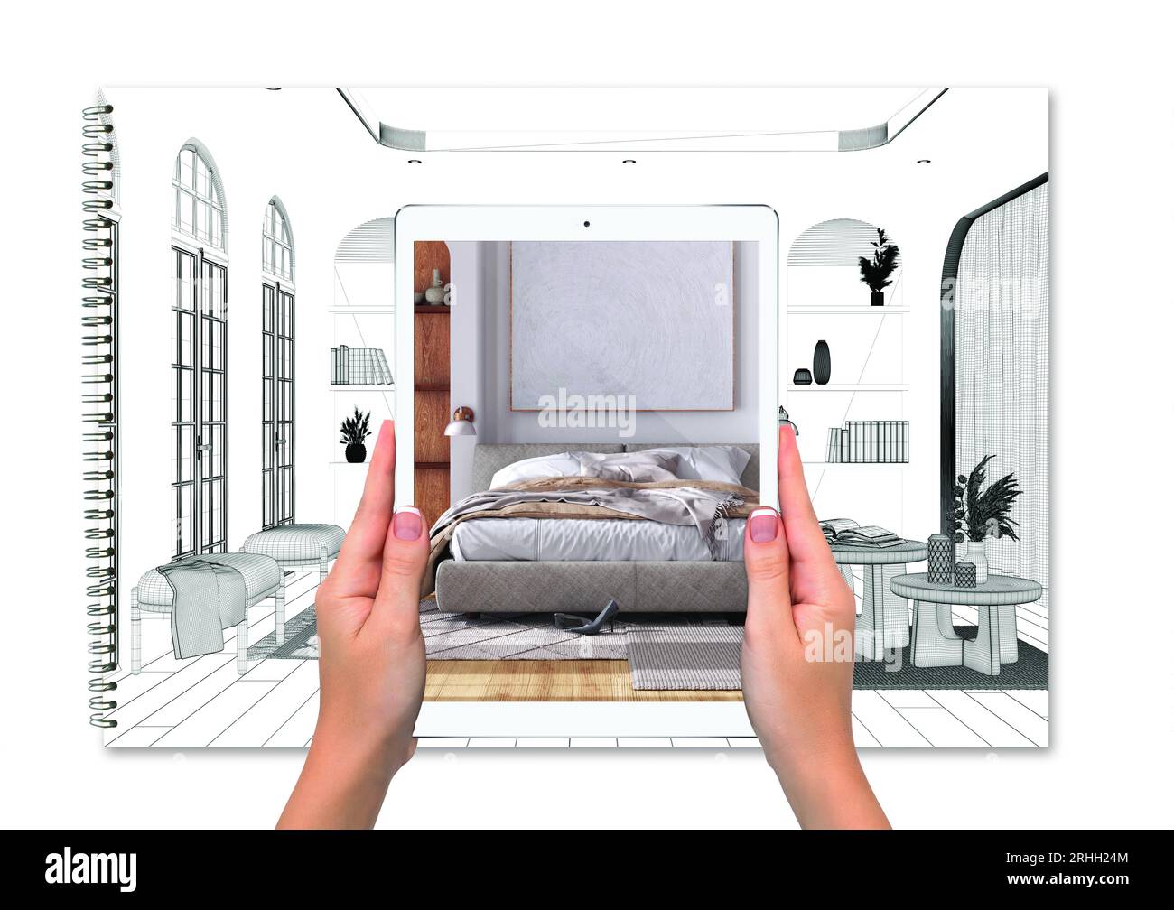 Mains tenant la tablette montrant la chambre à coucher de japandi avec lit, fond de projet vide total, concept de réalité augmentée, application pour simuler des meubles et Banque D'Images