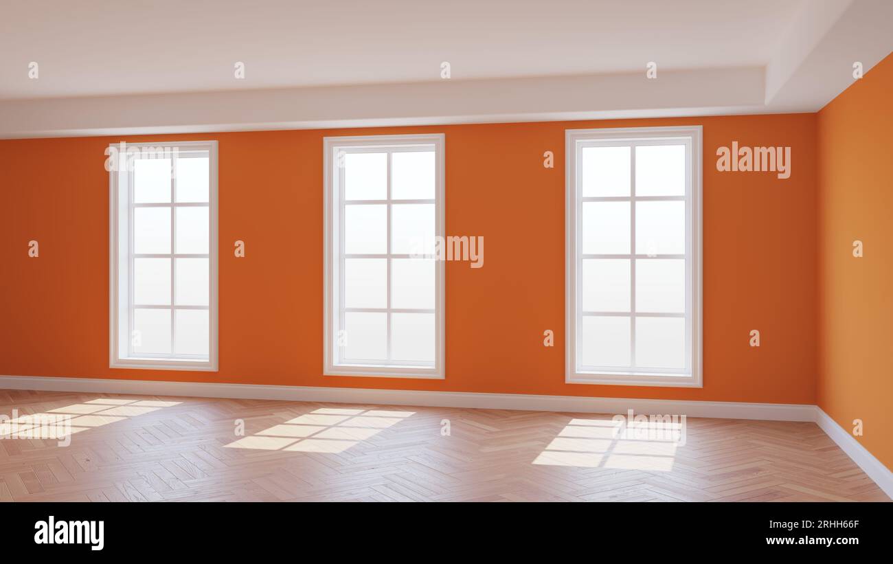 Intérieur ensoleillé de la chambre orange avec trois grandes fenêtres, parquet brillant clair à chevrons et un socle blanc. Beau concept de la chambre vide. Illustration 3D, Ultra HD 8k, 7680x4320 Banque D'Images