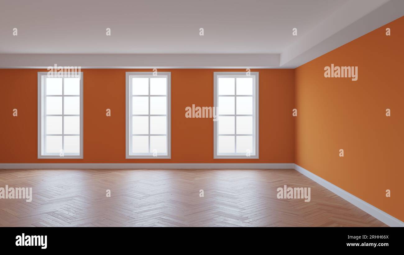 Intérieur avec mur orange, plafond blanc et Conrnice, trois grandes fenêtres, parquet à chevrons et un Plinth blanc. Beau concept de l'intérieur, illustration 3D. Ultra HD 8k, 7680 x 4320 Banque D'Images