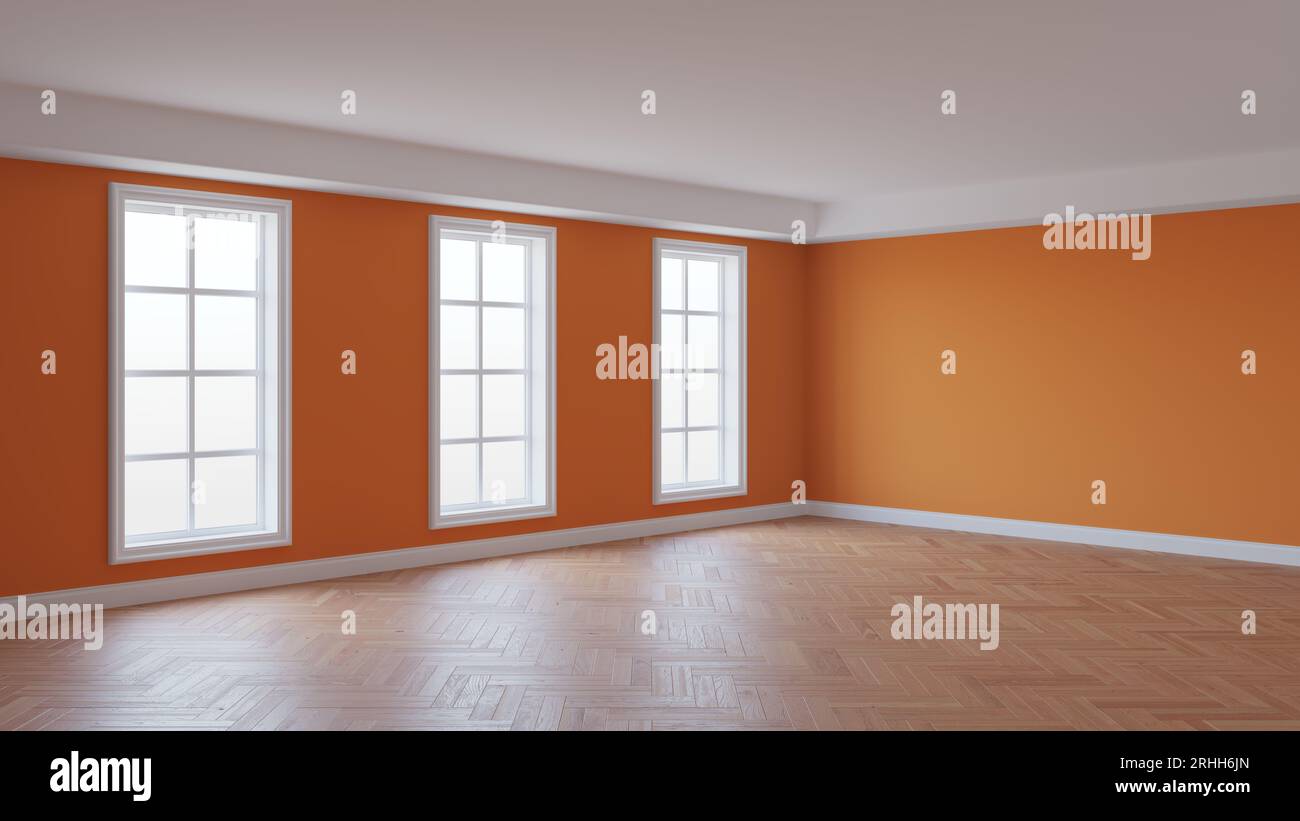 Intérieur vide de la chambre avec murs en stuc orange, trois grandes fenêtres, parquet brillant à chevrons et un socle blanc. Concept de l'intérieur non meublé. Rendu 3D, Ultra HD 8k, 7680x4320 Banque D'Images